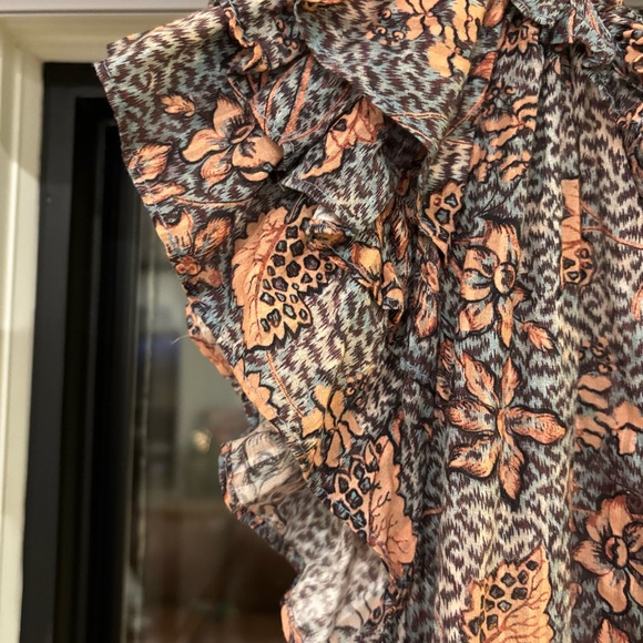 ULLA JOHNSON Alva Ruffled Printed Cotton-Blend‎ Top in Aegean Size 2 - Picture 8 of 10